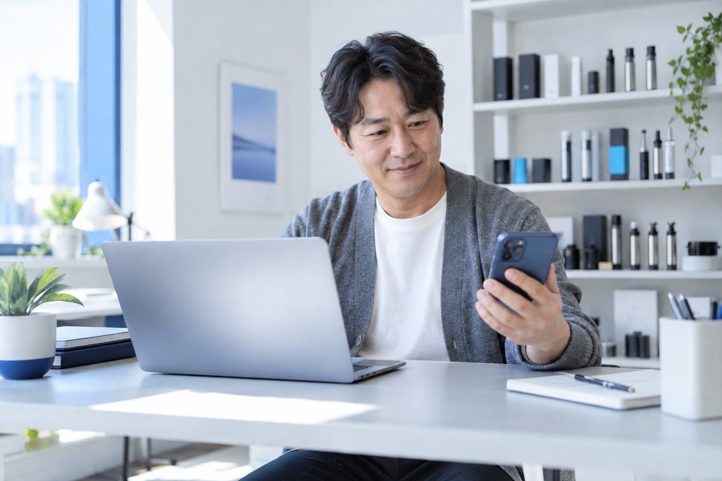 밝은 업무 공간에서 노트북을 사용하는 남성 — 신용카드단말기 신청 고장 신고뒤 고장 신고, 주말에도 받습니다. 전화 주시면 증상부터 듣고 접수합니다.