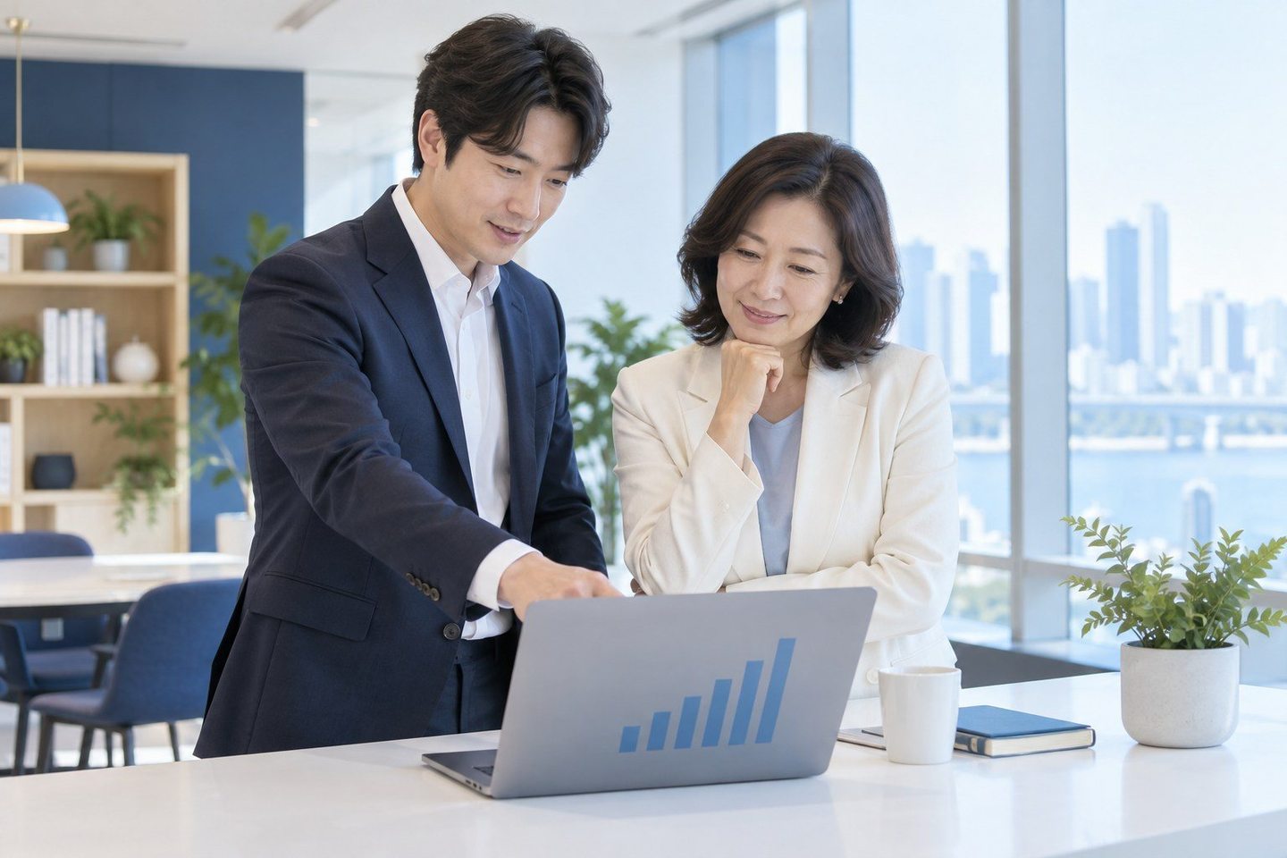 노트북 화면을 가리키며 계약을 설명하는 두 사람 — 신용카드단말기 신청 당일정산당일정산, 판 날 받고 싶으시죠? 연락 주시면 문서에 그렇게 적어 드립니다.