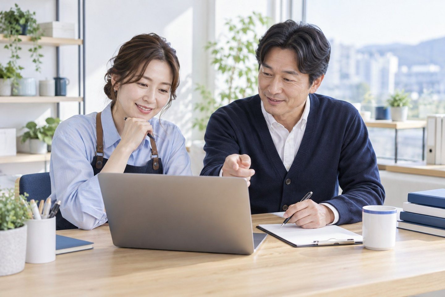 서류를 펼치고 조건을 함께 확인하는 두 사람 — 신용카드단말기 신청 상담상담, 조건표부터 받아 보세요. 연락 주시면 그날 가게 이야기를 듣습니다.