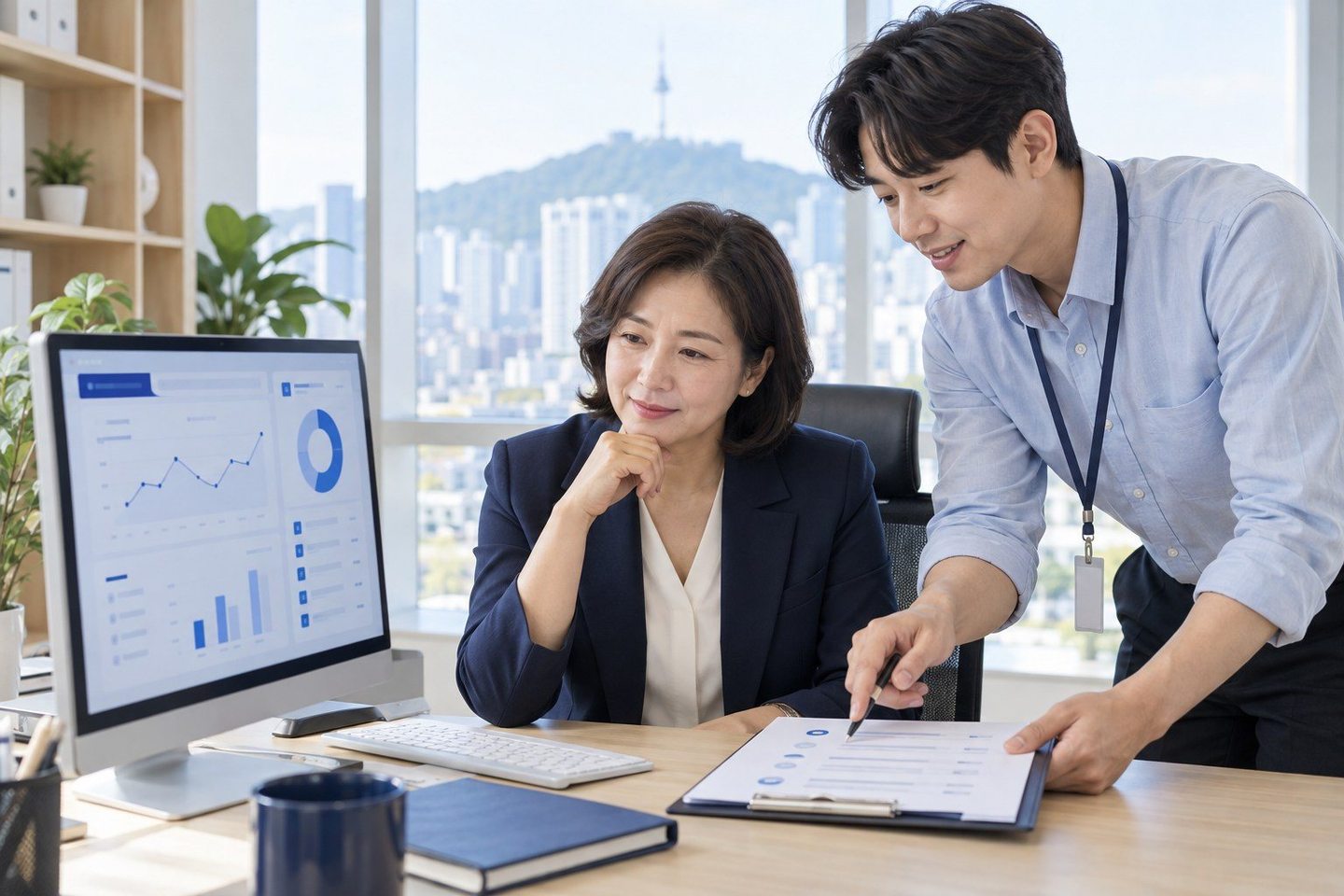 온라인 업무 화면을 함께 확인하는 두 사람 — 신용카드단말기 신청 익일정산익일정산, 하루 뒤면 넉넉하신가요? 연락 주시면 살림에 맞는지 같이 따져 봅니다.